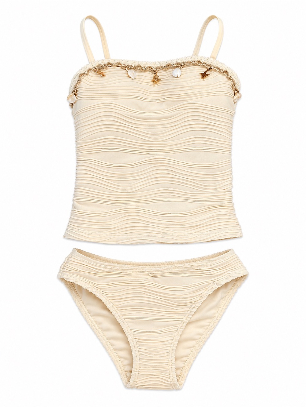 SHEIN Cream Textured Tankini Set with Charm Trim